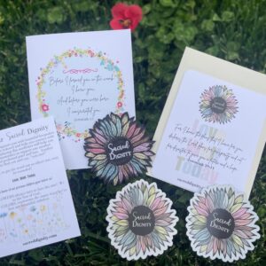 Sacred Dignity Gift Bundle Sticker, Patch, Magnet with  Greeting Card